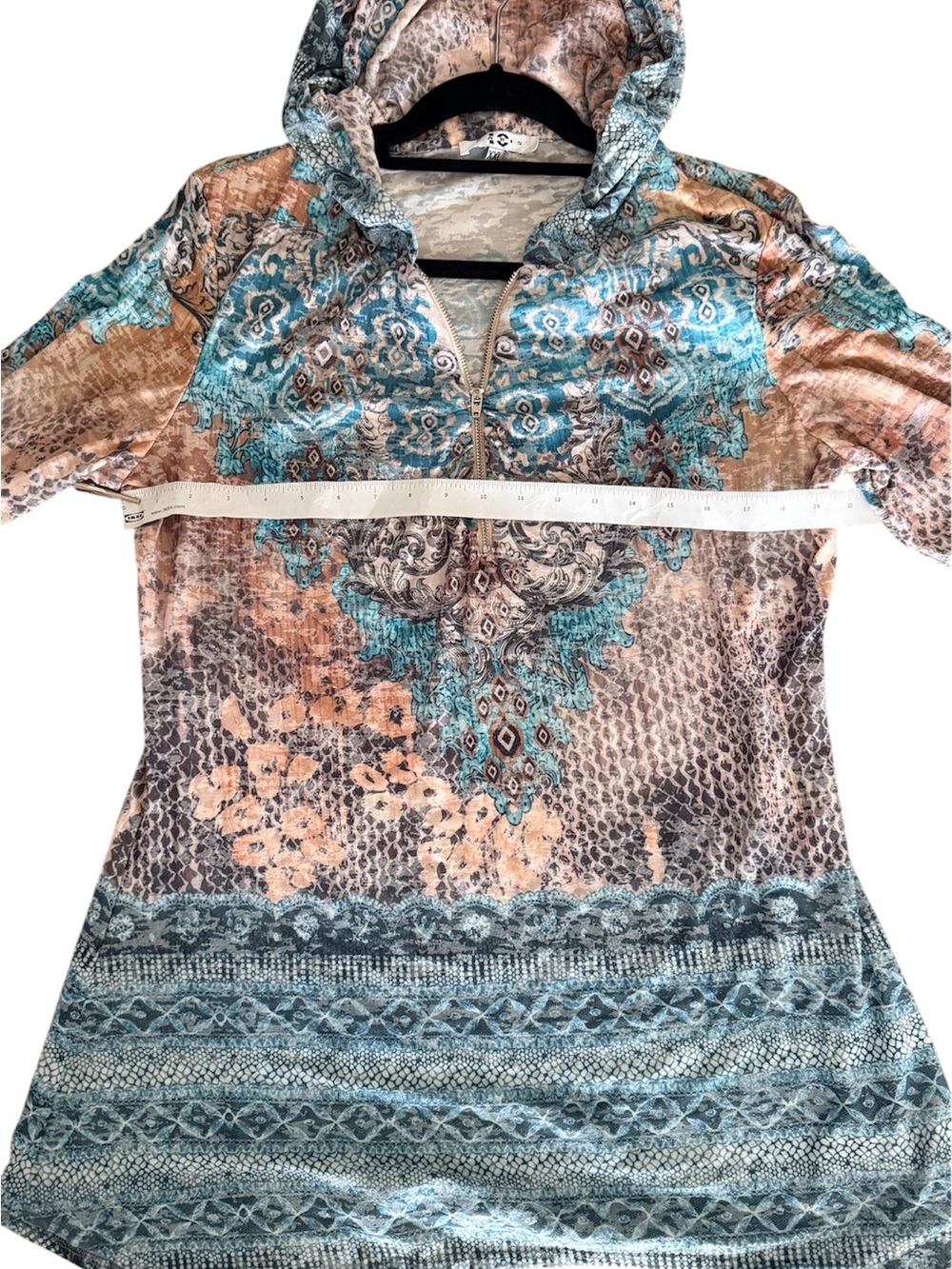 Women’s Teal and Peach Hooded Tunic with Zip